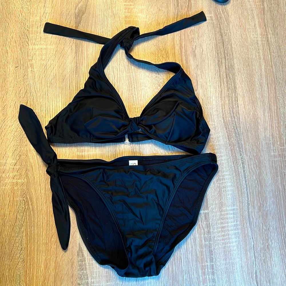 NWOT Cami Swim Y2K Black Halter Ties Bikini Top & Bottom 8